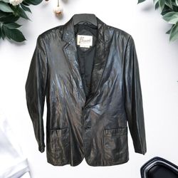 Berman’s Vintage Shiny Black Leather Coat Men Size 38