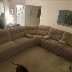 Large Tan Corduroy Recliner Sectional Couch