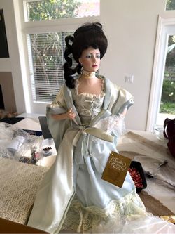 Vintage Franklin Heirloom Porcelain Victorian Lady Doll Aqua Gown Original Box