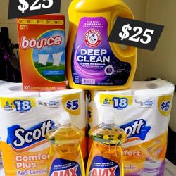 Arm & Hammer Deep Clean 68 loads/102fl oz, Bounce 105 Count, 2 Scott Comfort Plus 6=18 Rolls, & 2 Ajax (28 oz Bottles) For $25
