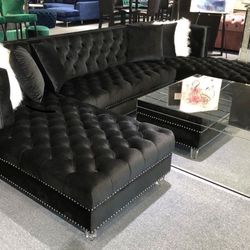 Prada Black Velvet Double Chaise Sectional / couch /Living room set