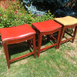 3 Bar Stool Chairs Red Orange Cream 18" x 12.5" x 23" tall