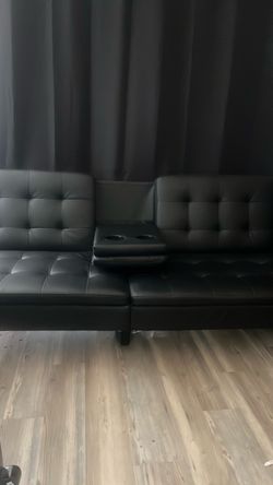Black  Leather Futon Sofa with Cup Holders