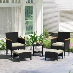 5 Piece Patio Conversation Set, Outdoor Wicker Bistro Furniture PE Wicker Outdoor Rattan Chairs Set with Coffee Table for Porch, Poolside, Lawn, Garde