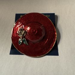 NWOT enamel large red hat with gold rose flower pin/brooch 