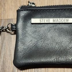 NWOT Steve Madden Small Black Leather Pouch Coin Purse Clip On Handbag Keychain