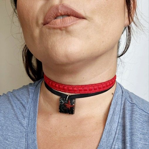 Handmade Choker Necklace Glitter Silver Black Red Starfish Seastar Resin Pendant