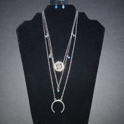 Blue and Silver Multilayer Chain Necklace with Earrings