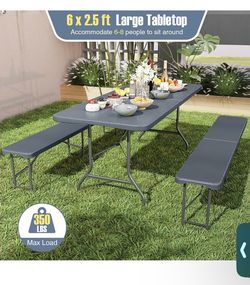 Goplus 6 FT 3-Piece Portable Picnic Table Bench Set, HDPE Wood-Like Plastic Folding Picnic Tables with Benches, Foldable Patio Camping Beer Table, Ind