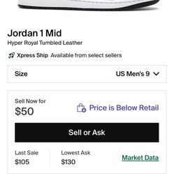 Jordan 1 Mid Hyper Royal Tumbled Leather SZ9 M