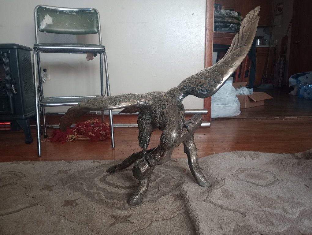 1950s Large Brass Eagle On Branch Sculpture Vintage Bird Statue 34" Wingspan