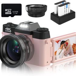 4K Digital Camera 48MP – Compact Vlogging Camera with Zoom, Lens Kit, Pink