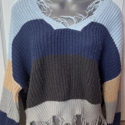 S Blue and Grey Flared Knitted V Neck Sweater