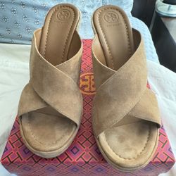 Tory Burch Brown Suede Criss Cross Wedge Platform Slide Sandals Size 11