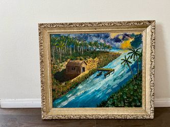 Vintage Original Oil Painting On Board Tropical River Scene With Palm Trees