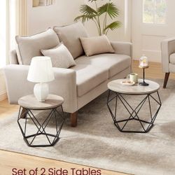 Set Of Two Griege Small Round Coffee Tables With Geometric Base