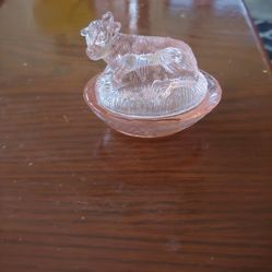 Pink Depression Glass Cow On Nest