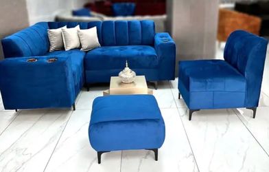 Blue Velvet Sectional Sofa Set with Chair and Ottoman