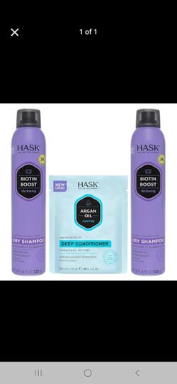 HASK Biotin Boost Thickening Dry Shampoo Duo (4.3oz-Qty 2) & Argan Oil Repairing Deep Conditioner Packette, Aluminum-Free, Sulfate-Free, Paraben-Free,