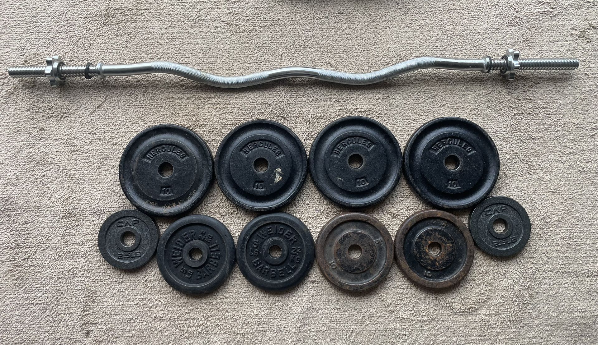 65 lb 1" Iron Weight Plates + Curl Bar