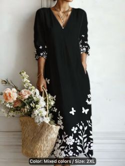Black and white floral floor length long sleeve dress with zipper