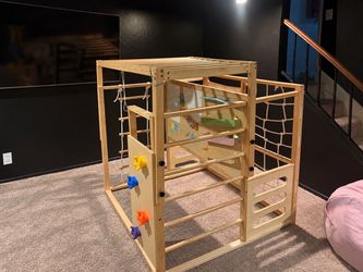 Montessori Wooden Indoor Jungle Gym – 6-in-1 Climbing Playset, Monkey Bars, Rock Wall & Rope Ladder