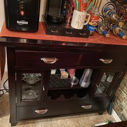 Like New Buffet Dark Brown  Glass Doors Two Wine Racks 