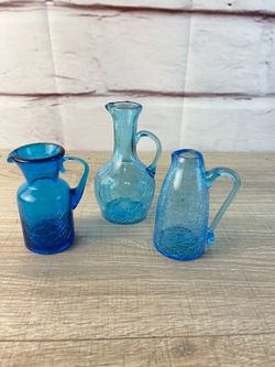 Vintage Blue Crackle Glass Small Pitcher Lot 3pc
