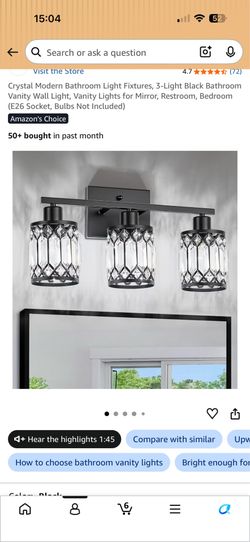 Brand new Crystal Modern Bathroom Light Fixtures, 3-Light Black Bathroom Vanity Wall Light, Vanity Lights for Mirror, Restroom, Bedroom (E26 Socket, B