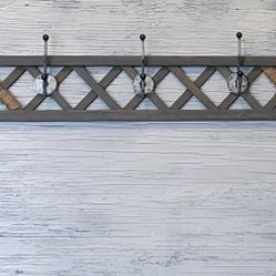 Handcrafted Light Gray Wooden Wall Rack with Weathered Metal and Black Hooks