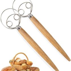 2pcs Danish Dough Whisk Bread Mixer - 13.5in Premium Stainless Steel Danish Dough Whisk with Wooden Handle For Cooking Bread, Pastry, Dumpling And Piz
