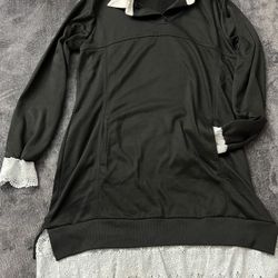 XL Winter Women's Floral Lace Long Puff Sleeve Pullover Sweater Dress Lapel Casual Tunic A-line Blouse Dress with Pockets BLACK