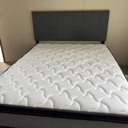 Gray fabric bed frame w/Queen size mattress 
