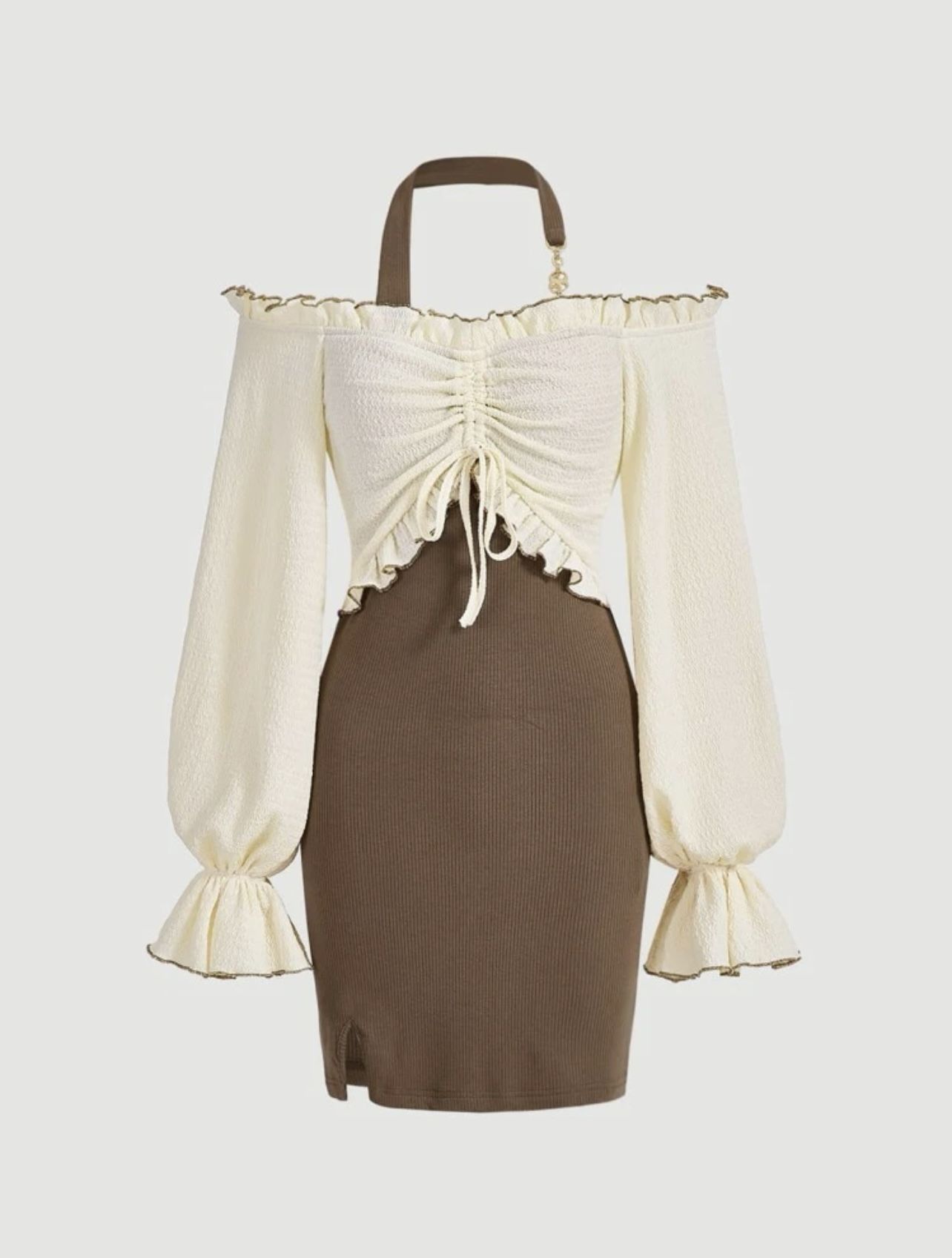 Solid Drawstring Ruched Halter Dress