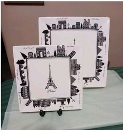 222 Fifth "City Block" Paris Fine Porcelaine China Square Dinner & Salad Plates 