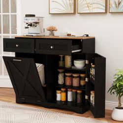 Tilt Out Trash Can Cabinet With Outlets And Adjustable Shelf