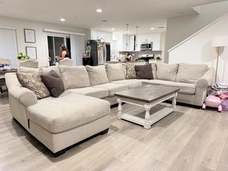 Large Beige Fabric Sectional Sofa with Chaise