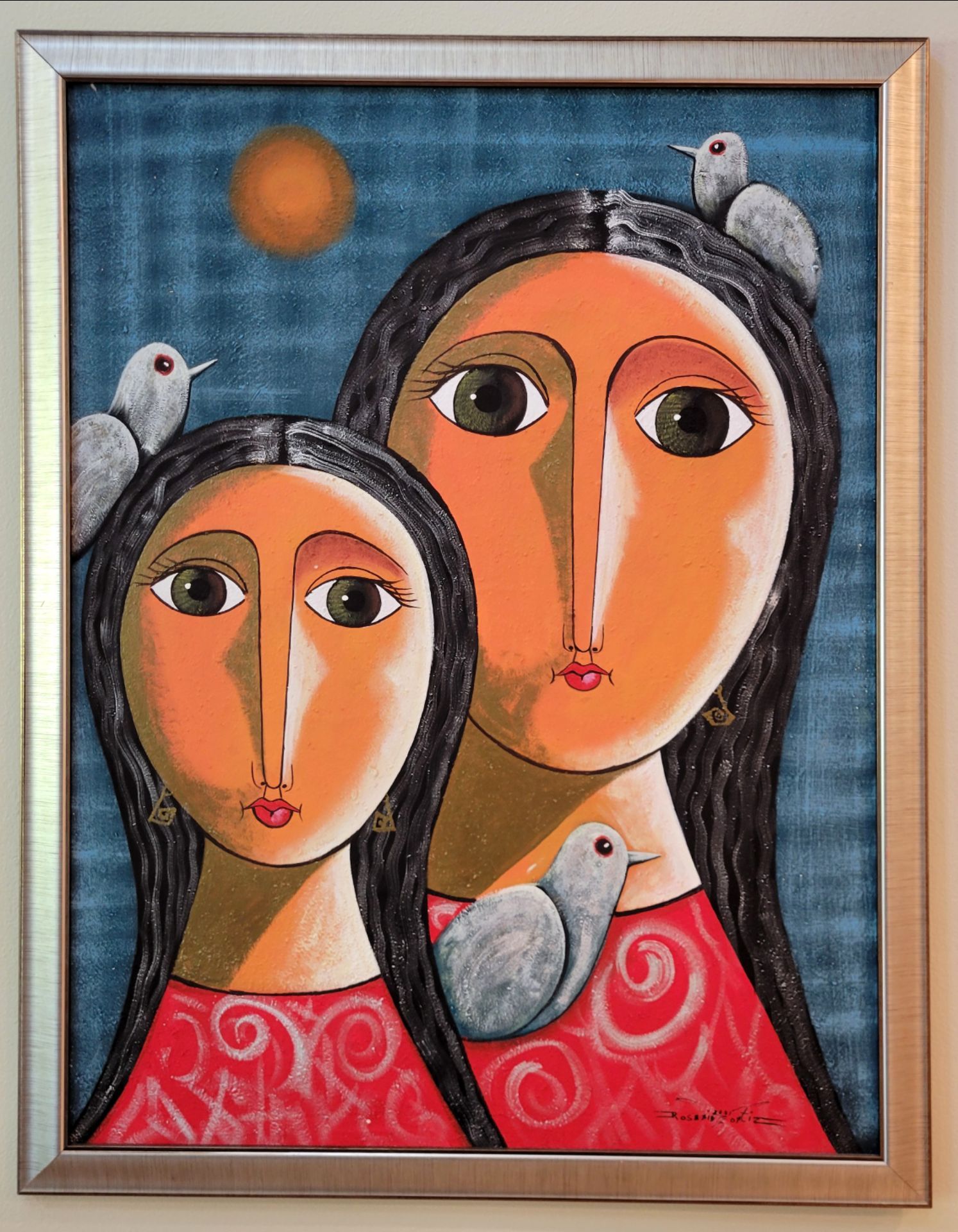 Rosario Ortiz Girls with Birds Impasto Oil Painting 33x44 Framed Nicaraguan