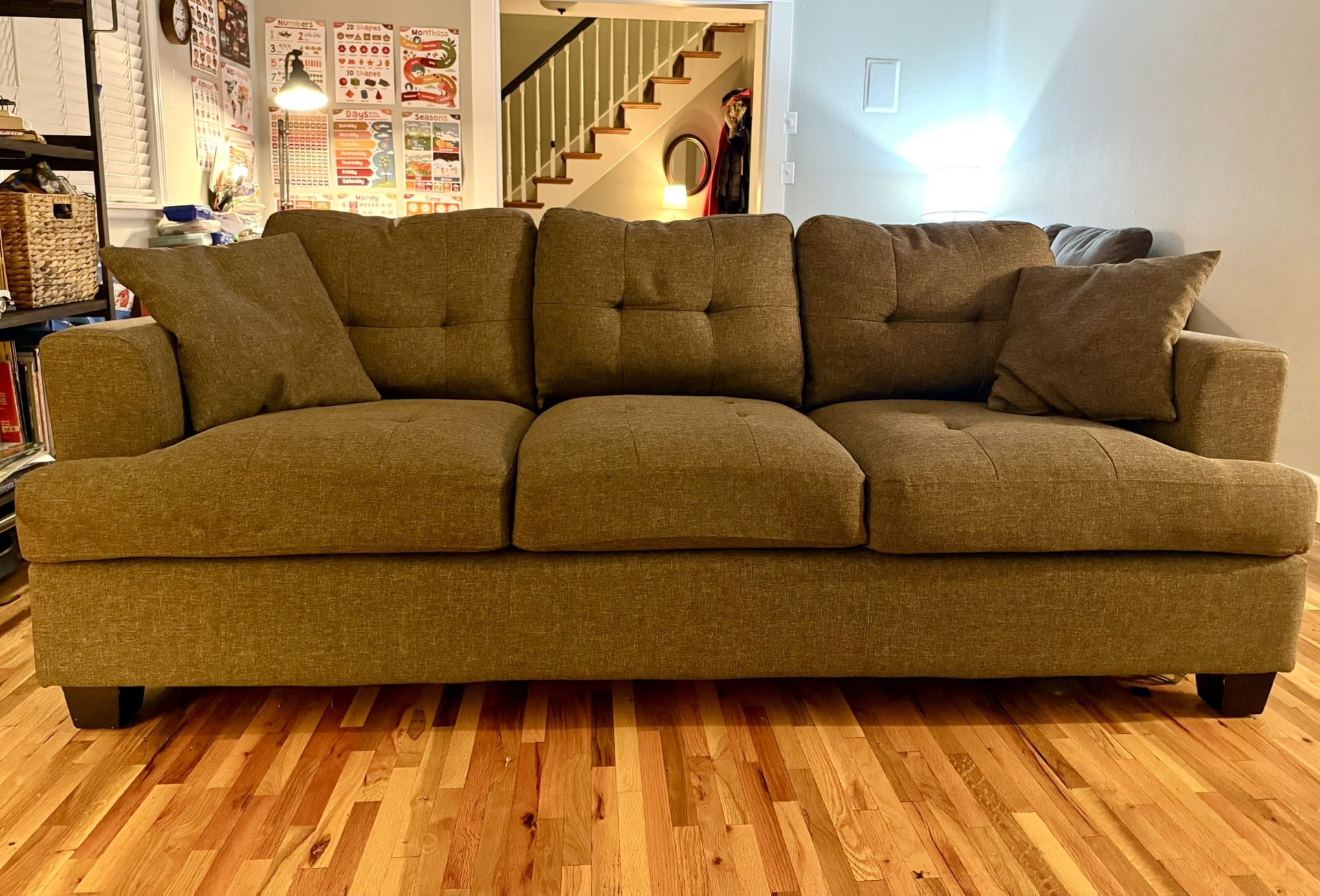 Grey Living Room Set: Couch, Loveseat, Chair, Ottoman, 4 Pillows