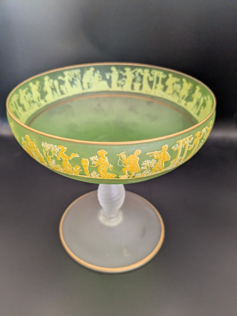 Vintage Satin Green Pedestal Bowl Italy Gold Rim Greek 6.5"