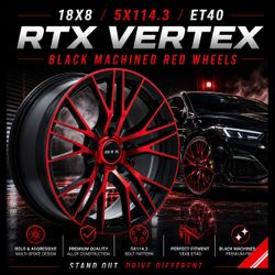 🔥 18x8 5x114.3 RTX VERTEX BLACK MACHINED RED WHEELS 🔥