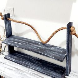 16"H X 23"W X 5-1/2"D 🌱2 Tier Solid Wood Manila Rope Hanging Shelf ::: Distressed Black/Silver Drop