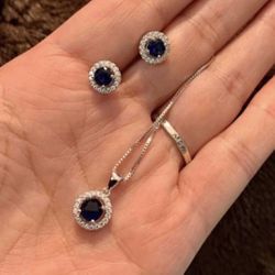 Lab Created Sapphire Necklace And Earrings Set In Sterling Silver 