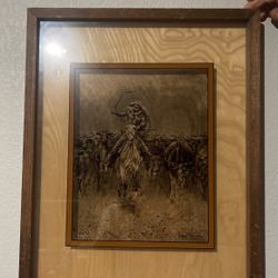 Vintage Cowboy Art Fredrick Remington Lucid Lines On Glass & Wood Bulls Stamped