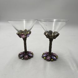 Pair Jeweled Martini Glasses Rhinestone Gem Stem Cocktail Glass Set