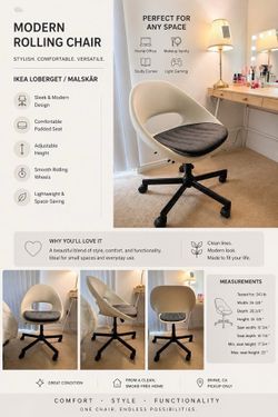 ✨ 🔥 🔥 Modern Rolling Desk Chair / Vanity Chair –Ikea model: LOBERGET / MALSKÄR✨