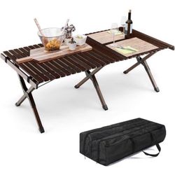Folding Picnic Table, Portable 4ft Roll Up Camping Table with Storage Bag, for 4-6 People, Low Height Foldable Bamboo Bench Table, for Indoor & Outdoo