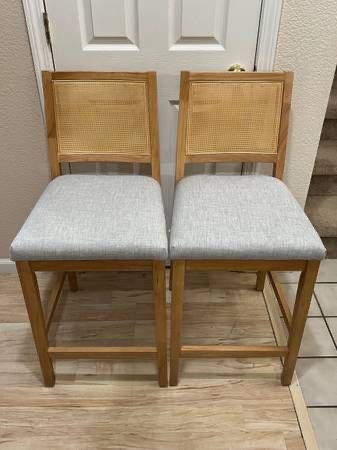 New Set of 2 Counter Backed Bar Stool Wood Gray Cushion