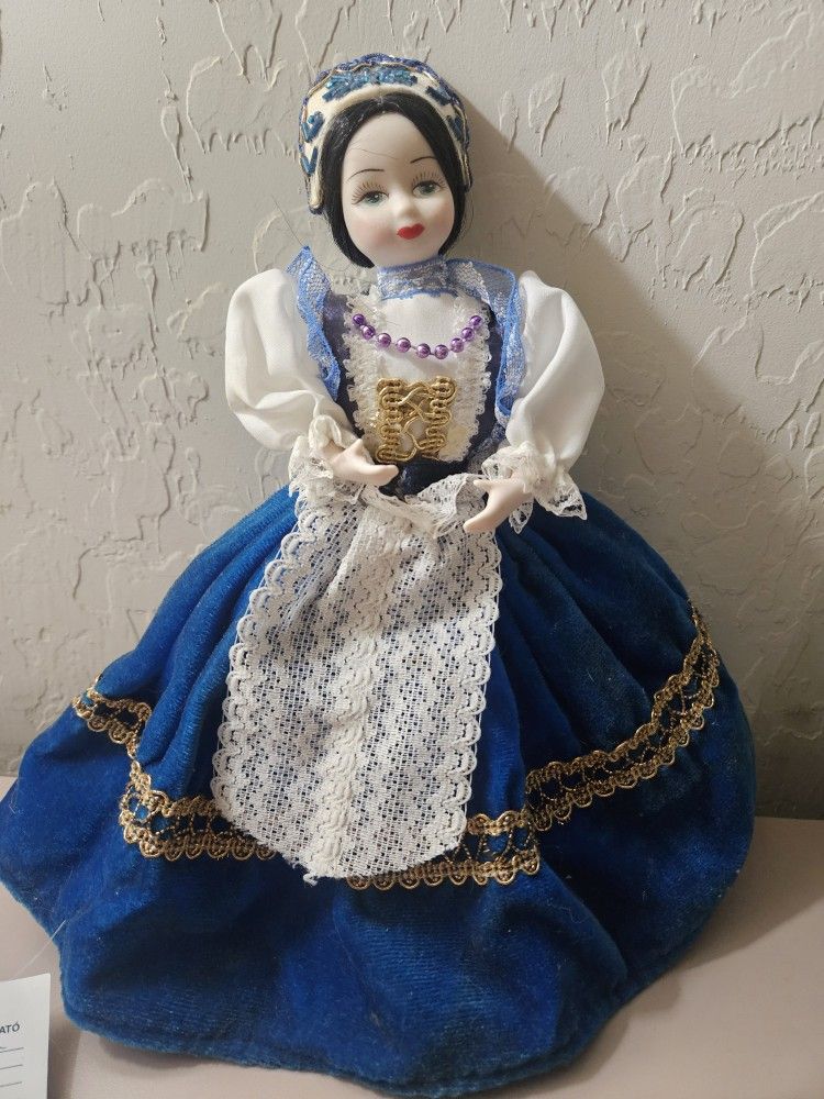 Blue and White Porcelain Doll with Gold Accents 12" Tall