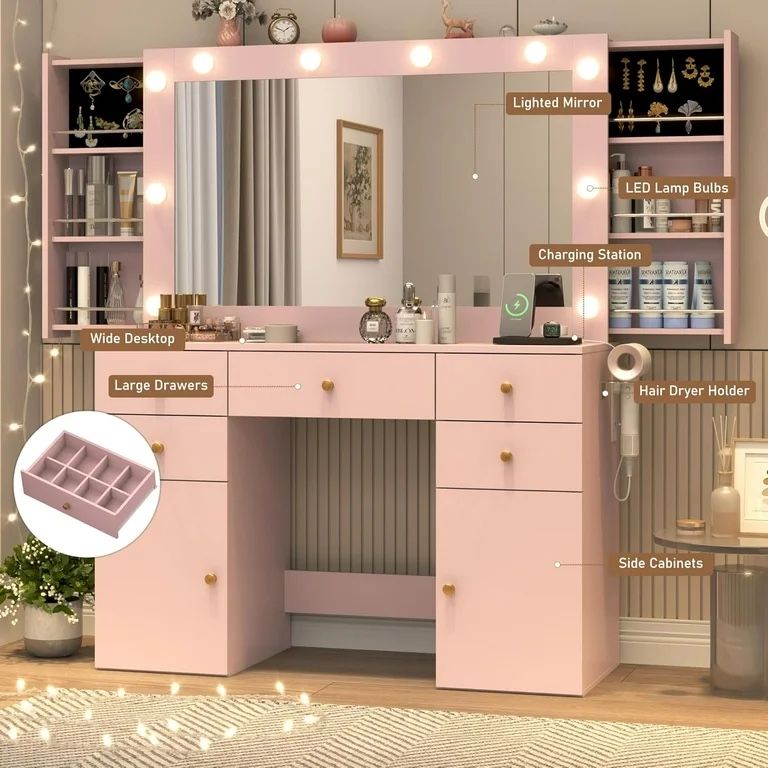 Pink Vanity Desk with Large Lighted Mirror & Power Outlet, Makeup Vanity Table with Glass Top & Drawers & Sliding Jewelry Storage Shelves , 44.1" Larg